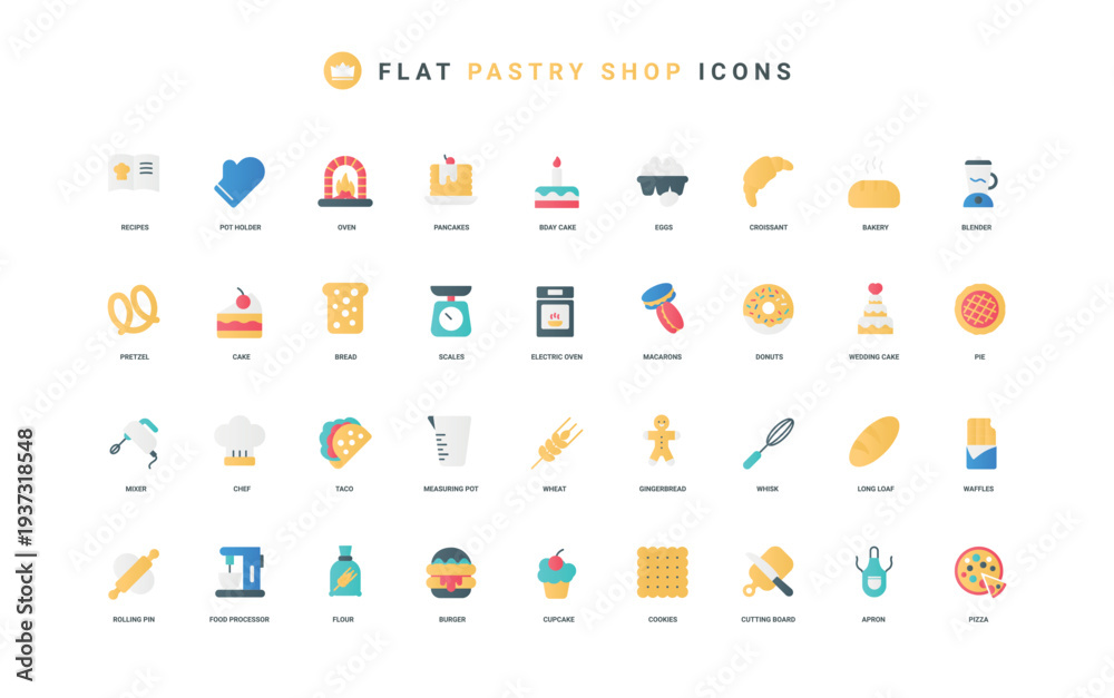 Fototapeta premium Pastry shop and bakery, dessert of confectionery color icon set. Chefs recipe, oven and tools to bake biscuit and cupcake, cookie and birthday cake, macaroons flat elements vector illustration