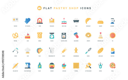Pastry shop and bakery, dessert of confectionery color icon set. Chefs recipe, oven and tools to bake biscuit and cupcake, cookie and birthday cake, macaroons flat elements vector illustration