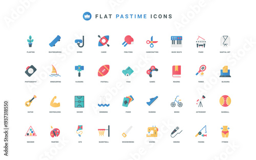 Hobby, weekend leisure and sport game, music and photography color icon set. Craft tools supplies and equipment for activities and entertainment, idea of vacation flat elements vector illustration