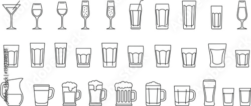 Drinkware line icons set, glasses mugs cocktail wine beer beverage outline vector collection for bar restaurant menu design
