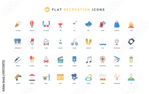 Recreation, entertainment and leisure on weekends, free time color icon set. Hobby and gaming activities, shopping and sports, gambling and beach vacation, pool party flat elements vector illustration