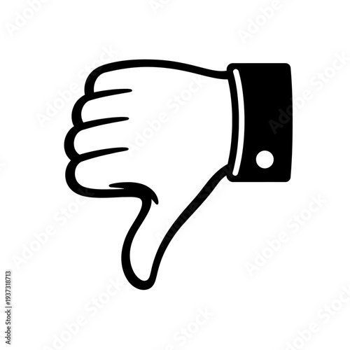A bold, black and white vector icon depicting a hand with the thumb pointing downwards, universally recognized as a 'thumbs down' or 'dislike' symbol, ideal for conveying negative feedback, disapprova