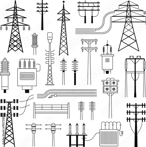 Electrical infrastructure illustration, transmission towers, utility poles, transformers, insulators, power lines, distribution system, engineering design, energy network, industrial concept