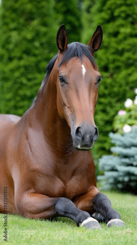 Obraz premium Majestic brown horse resting on lush green grass