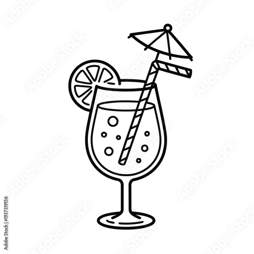 A refreshing beverage is served in a glass with a slice of lemon and a straw.