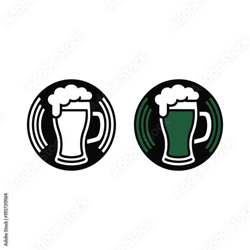 Two circular icons featuring stylized beer mugs with foam, one white and one green.