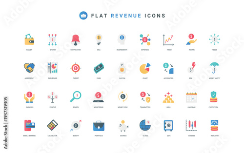 Revenue, finance and accounting report, money earnings and income color icon set. Price and trends chart growth, financial resource protection, benefit of deposit flat elements vector illustration