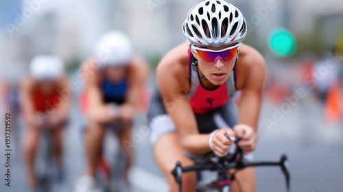 Blurred motion race: Female athlete in competitive cycling race with focus on speed and determination