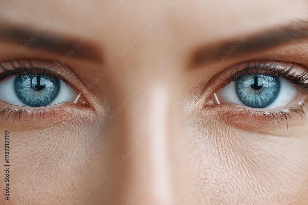 Naklejka premium A close-up of a woman's face, focusing on her stunning, mesmerizing, piercing blue eyes with striking detail and clarity, creating an intimate and captivating portrait.