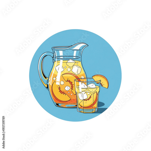 Peach lemonade pitcher with glass and ice on blue background  