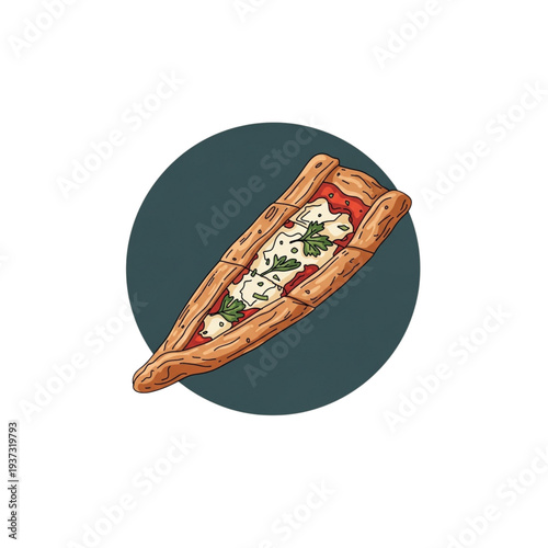 Traditional Turkish pide topped with cheese and herbs on dark background  