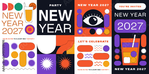 New Year 2027 Party Invitation Graphics – Vibrant Celebration Designs, Festive Posters, Modern Abstract Elements & Colorful Holiday Templates for Event Promotions