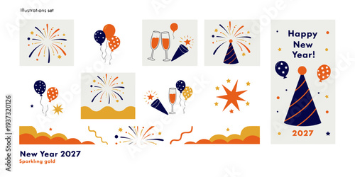 Happy New Year 2027 – Festive Fireworks, Balloons & Celebration Icons, Vibrant Holiday Graphics for Posters, Cards, Invitations & Digital Downloads