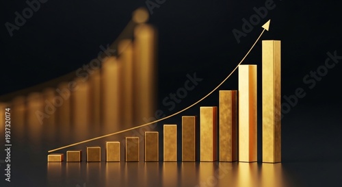 Golden bar chart showing significant growth with an upward-trending line on a dark, reflective surface, symbolizing business success