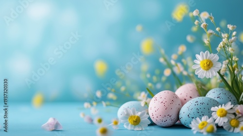Colorful Eggs and Flowers on Blue Background During Easter Celebration in Spring Season
