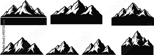 Mountain range silhouettes with high peaks, alpine nature landscape, snowy rock summit for outdoor adventure, hiking expedition vector illustrations