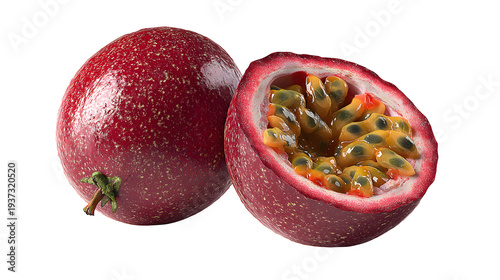Ultra realistic HD passion fruit and half showing texture and seeds, isolated on white background