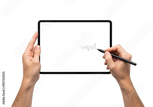 Hands drawing on a digital tablet with a stylus pen. isolated on transparent background Png, PNG, png