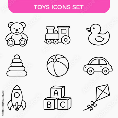 Toy Icons Set: A delightful collection of children's toy icons, artfully arranged to capture the essence of playfulness and joy. Including teddy bear, train, duck, pyramid stacker, ball, car, rocket.
