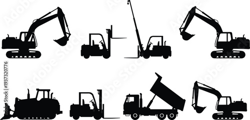 Excavator, Forklift, Bulldozer, Dumptruck, Telehandler, Vehicle, Silhouette, Machinery, Industrial, Construction, Equipment,