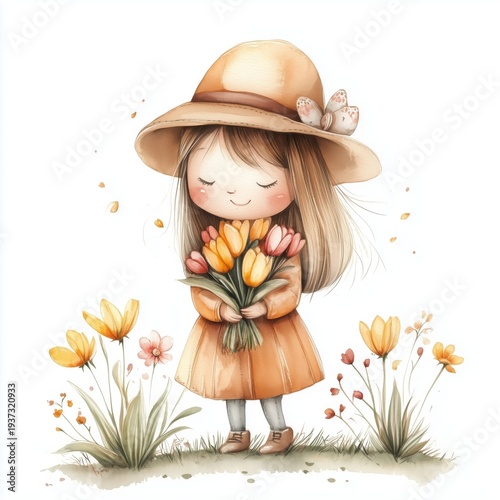 Child Holds a Bouquet of Flowers While Standing in a Garden During Springtime