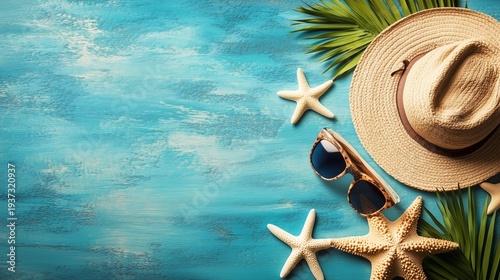Relaxing Summer Day at the Beach With a Hat, Sunglasses, and Starfish on a Bl...