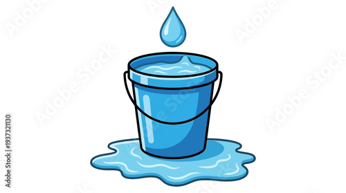 A bucket of water with a drop of water above it. The water has spilled out onto the surface. 