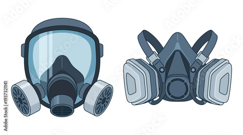 Two protective gas masks, essential for safety in hazardous environments, are displayed with detailed design and functionality