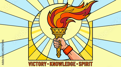 The hand proudly holding a lit torch with Victory, Knowledge, Spirit as the motto