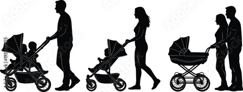 Family silhouettes set, parents pushing strollers, man, woman, baby, child, pram, walking, isolated vector collection, parenting.