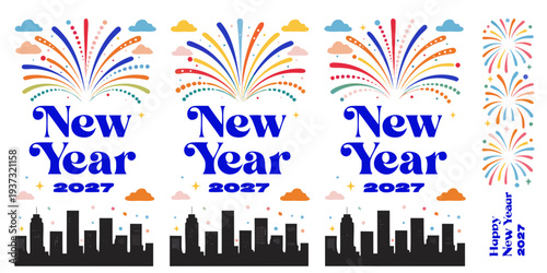 New Year 2027 Fireworks – Colorful City Skyline Celebration Art, Vibrant Festive Graphics for Posters, Party Decor, Stickers & Digital Downloads