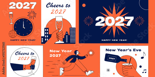 Happy New Year 2027 Celebration – Festive Champagne, Confetti & Midnight Clock Designs, Vibrant Holiday Graphics for Posters, Party Decor, Stickers & Digital Downloads