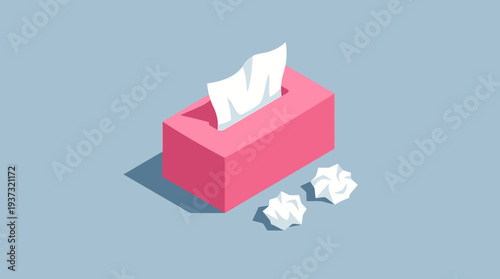 A box of tissues with some crumpled tissues beside it, a perfect illustration for healthcare and hygiene