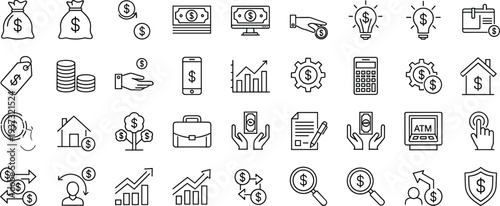Finance money line icons, banking investment symbols, financial management elements, minimal outline vector set, business economy payment transaction collection