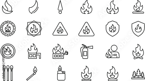 Fire safety and flame warning line icons set, emergency hazard protection outline vector collection for prevention and security
