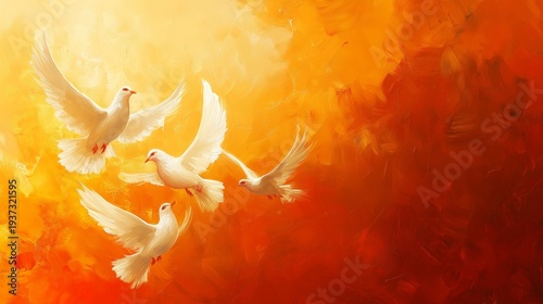 Group of White Birds Flying Against a Bright Orange Background During Dayligh...