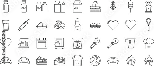 food, dairy, bakery, line, icons, collection, cooking, kitchen, ingredients, dessert, minimal, outline, vector, nutrition, breakfast, baking, meal, products, design, set