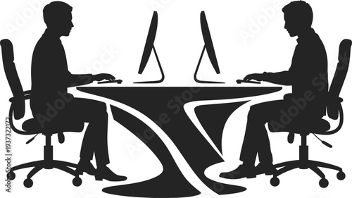 Office employees working on desktop computers across table, corporate workplace productivity, business technology communication concept silhouette vector illustration