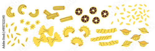 Pasta shapes illustration. Italian dry pasta assortment with fusilli farfalle rigatoni conchiglie orzo rotelle creste rigate curvi rigati on white background. Food ingredient collection drawing