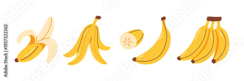 Banana Fruit Illustration Set. Peeled Banana Single Banana Banana Slice Banana Bunch Isolated On White Background. Tropical Fruit Collection