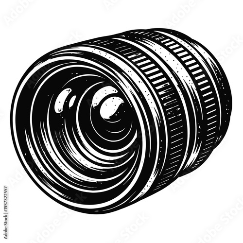 Camera lens illustration with detailed black and white drawing on white background, showcasing intricate design and texture.