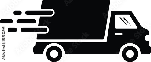 Black silhouette of a fast delivery truck with speed motion lines isolated on white background for logistics shipping transport and express courier service vector design