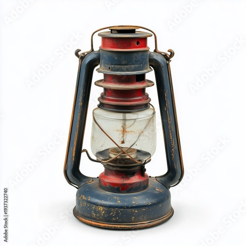 Old Lantern With Blue and Red Colors Sits on a Plain Surface in a Simple Setting