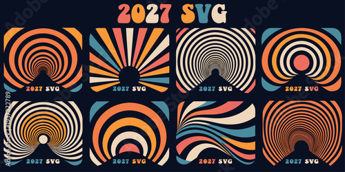 2027 Retro SVG Silhouette Set – Colorful Vintage Radiating Line Designs, Groovy Aesthetic Vector Art for Printables, Posters, Decor & Digital Downloads