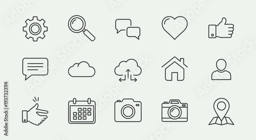 Essential Black Line UI UX Icon Collection for Social Media and Web on Light Green Background
