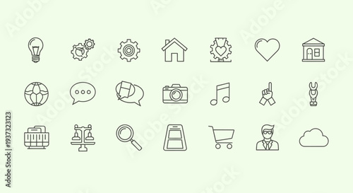 Modern Black Line UI UX Icon Set for Web Applications on Light Green Background