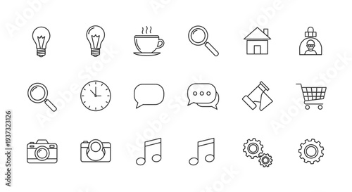 Diverse Black Line UI UX Icon Collection for Digital Interfaces on Isolated White Background