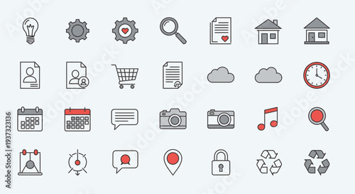 Comprehensive UI UX Icon Set with Red and Black Elements on Light Gray Background