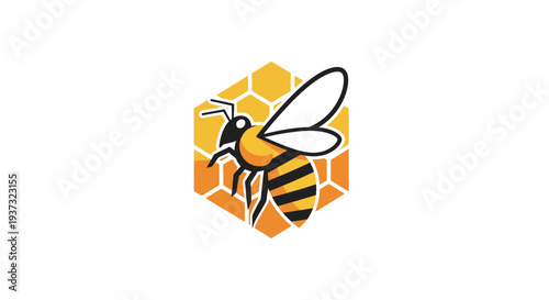 Stylized Honey Bee Design within a Golden Honeycomb Hexagonal Frame on an Isolated White Background