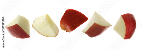 Fotografi Set red apple fruit pieces flying isolated on white background, clipping path